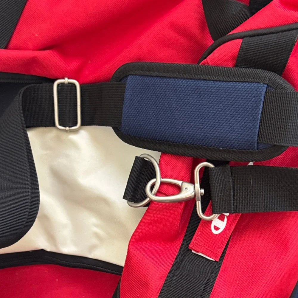 Champion Red, White, and Navy Colorblock Duffel Bag with Logo